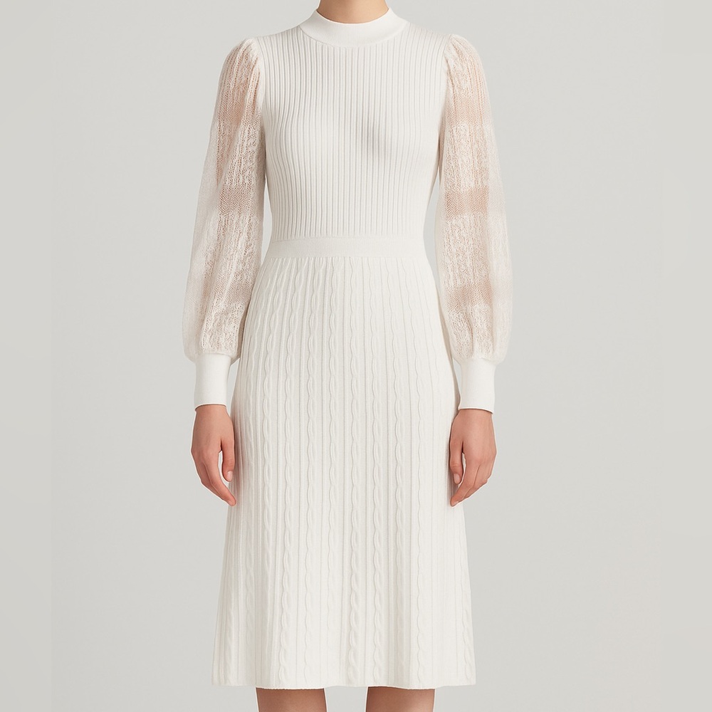🆕 White Ribbed Knit Dress with Lace Sleeves